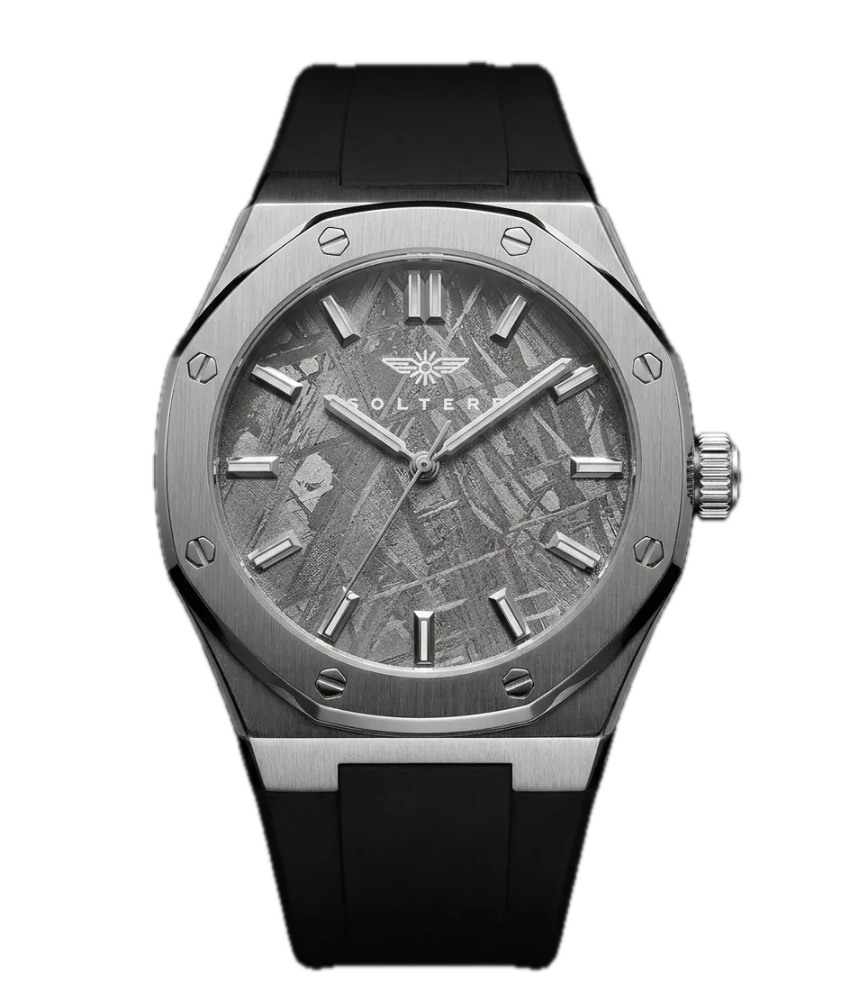 Soltere Visto watch, front view: brushed steel octagonal case with eight exposed bezel screws, grey meteorite-pattern dial with applied steel indices, black rubber strap.